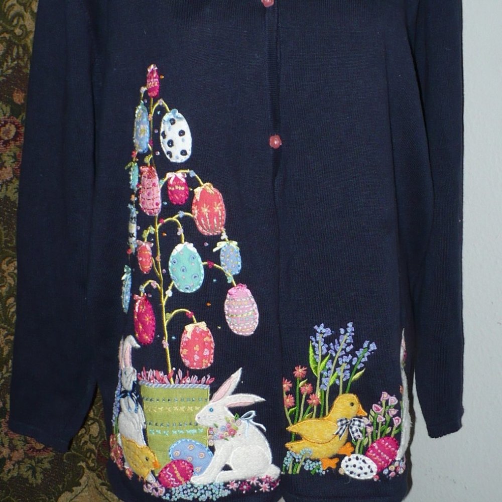 Easter Sweater 1X  Navy with Bunnies eggs ducks
